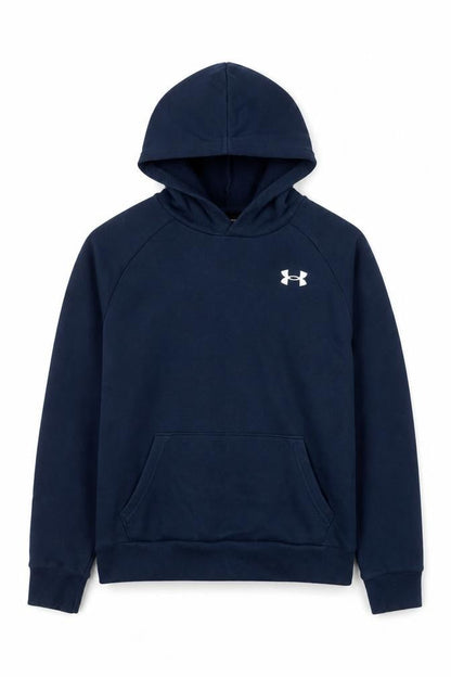 Front view of Under Armour boys’ navy hoodie ylg loose fit cotton blend pullover