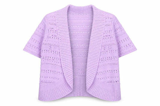 Front view of Honor Millburn Women's Purple Open Knit Short Sleeve Cardigan M
