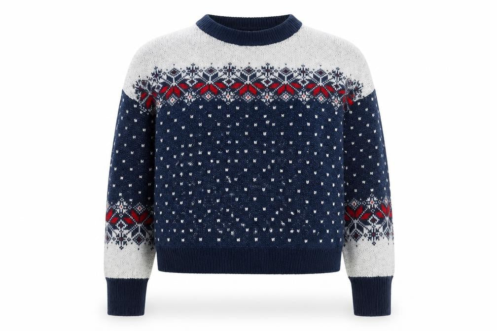 Front view of ASOS women’s blue fair isle knit jumper uk 10 crew neck winter