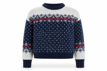 Front view of ASOS women’s blue fair isle knit jumper uk 10 crew neck winter