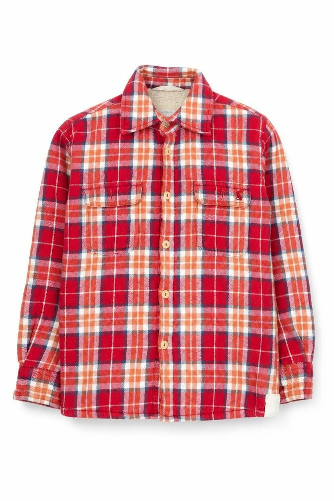 Front view of Joules boys’ red check flannel sherpa lined shirt jacket 6 years