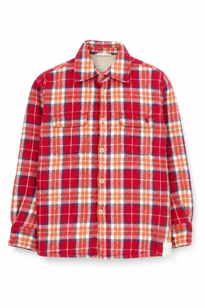 Front view of Joules boys’ red check flannel sherpa lined shirt jacket 6 years