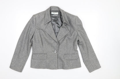 Minosa Women’s Grey Wool Blend Herringbone Petite Blazer Size 14