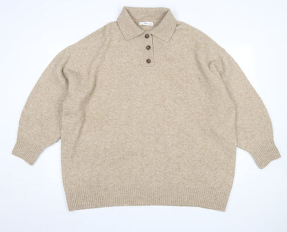 MNG Womens Beige Collared Henley Knit Jumper Size XL