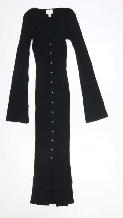 H&M Women’s Black Bodycon Long Sleeve Button Ribbed Midi Dress XS