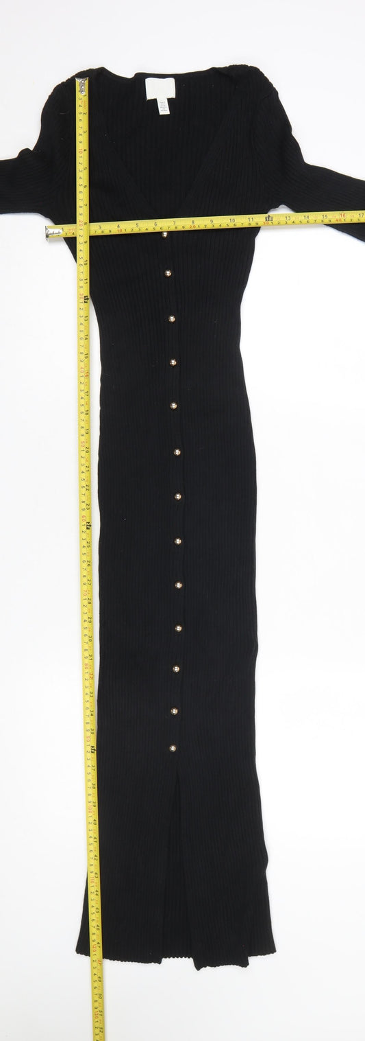 H&M Women’s Black Bodycon Long Sleeve Button Ribbed Midi Dress XS