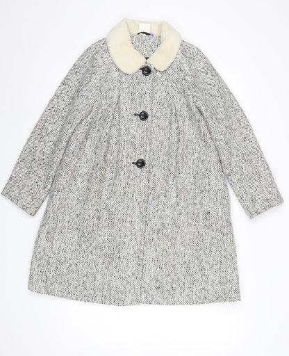 John Lewis Girls Grey Tweed Mid-Length Coat Age 11 Fur Collar Buttoned