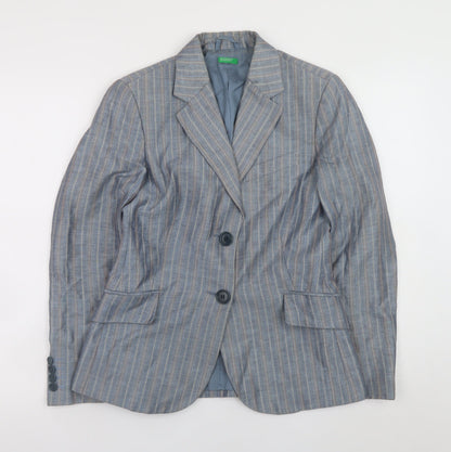 Benetton Women's Blue Striped Linen Blend Blazer Size 14
