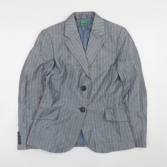 Benetton Women's Blue Striped Linen Blend Blazer Size 14
