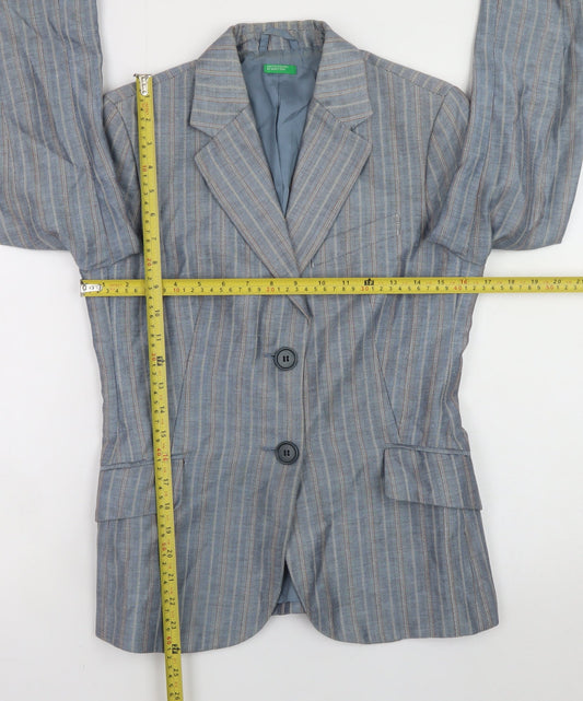 Benetton Women's Blue Striped Linen Blend Blazer Size 14