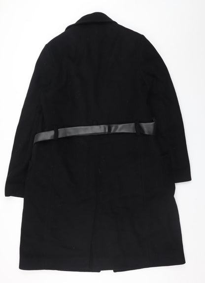 Jaeger Womens Black Wool Long Belted Coat UK 10 Medium Classic Style