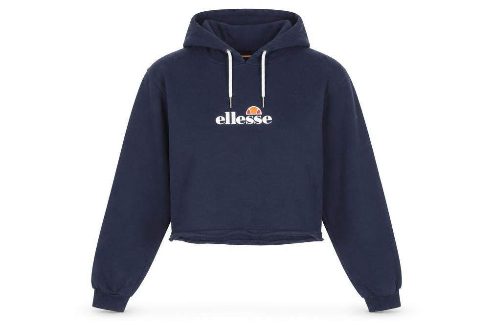 Front view of Ellesse Women's Navy Cropped Hoodie UK 14 Logo Sleeve Tape Cotton Blend