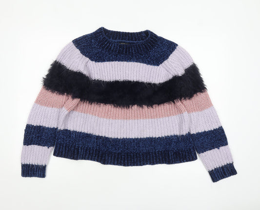 ONLY Womens XL Multicoloured Striped Crew Neck Chunky Knit Jumper