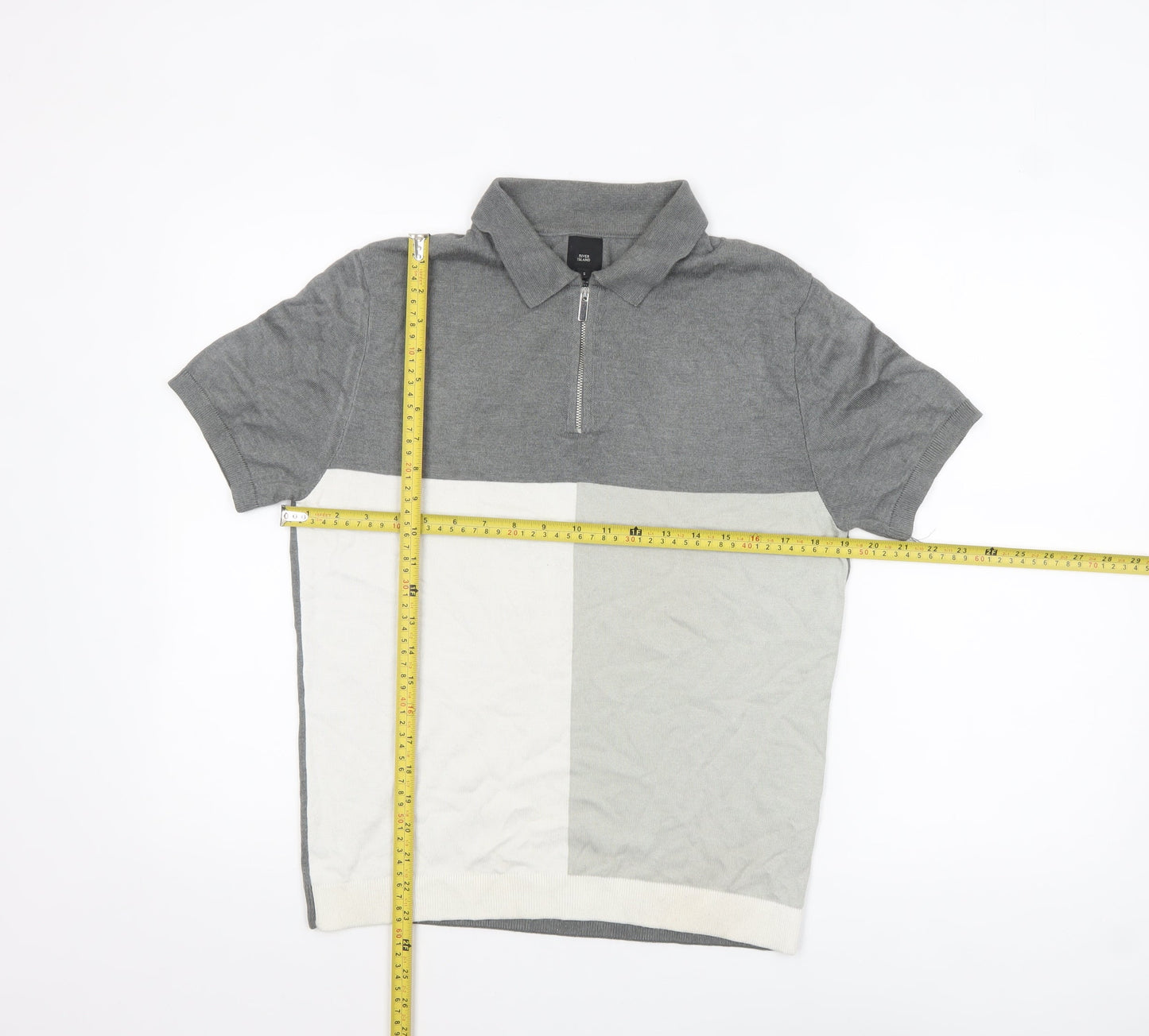 River Island Men’s Grey Colourblock Polo Shirt Size S 1/4 Zip Cotton Mix