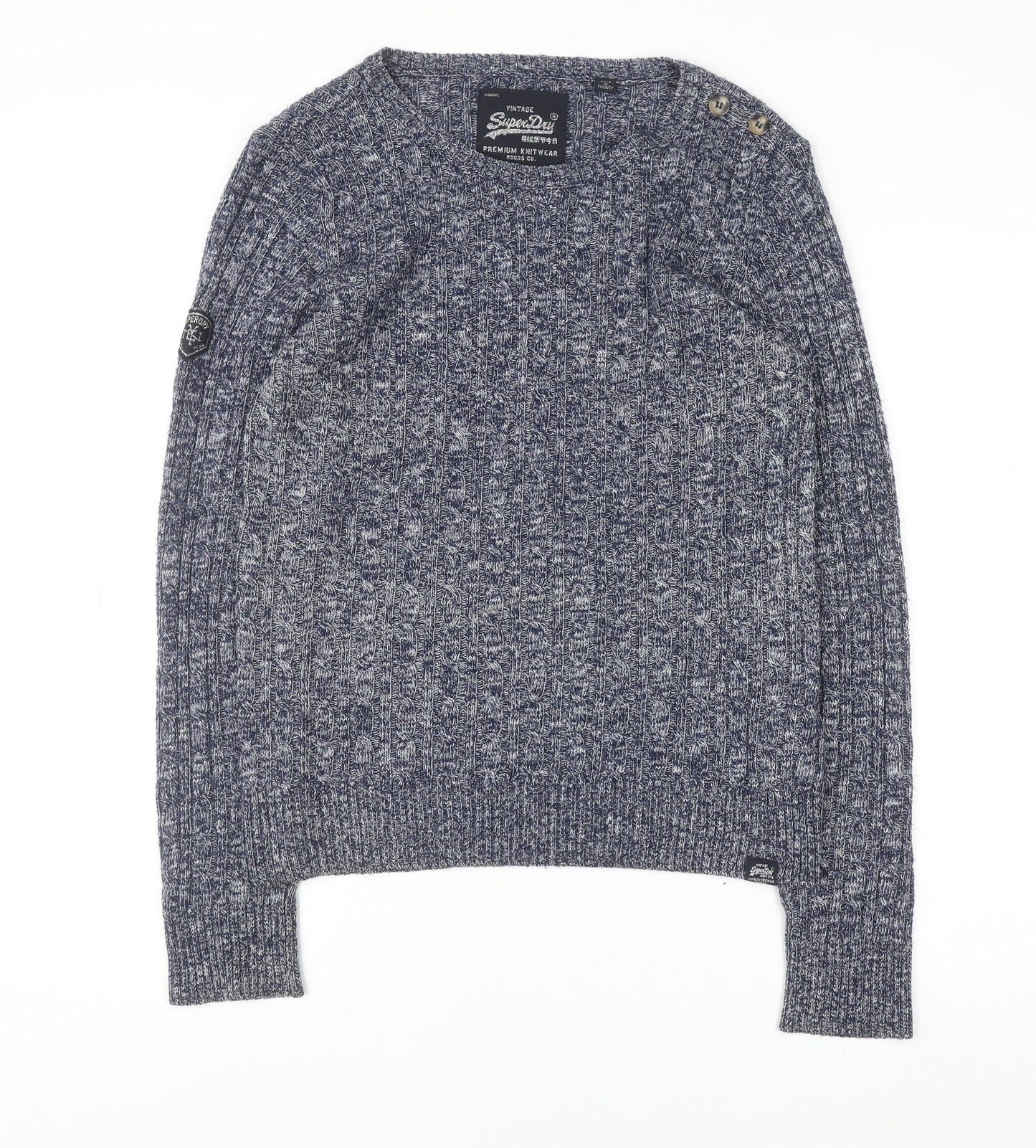 Superdry Women's Blue Cable-Knit Crew Neck Jumper Medium