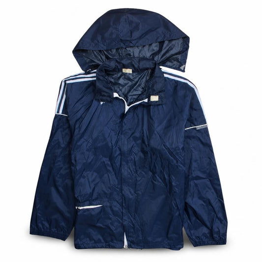 Front view of Adidas boys’ blue hooded windbreaker jacket, size 14, years lightweight sports