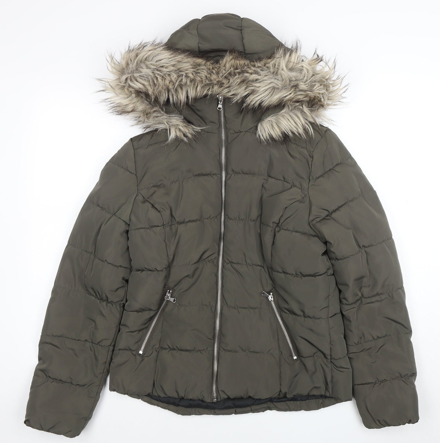 H&M Divided Women's Green 14 Puffer Jacket Faux Fur Hooded Winter Coat