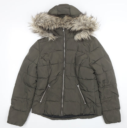 H&M Divided Women's Green 14 Puffer Jacket Faux Fur Hooded Winter Coat
