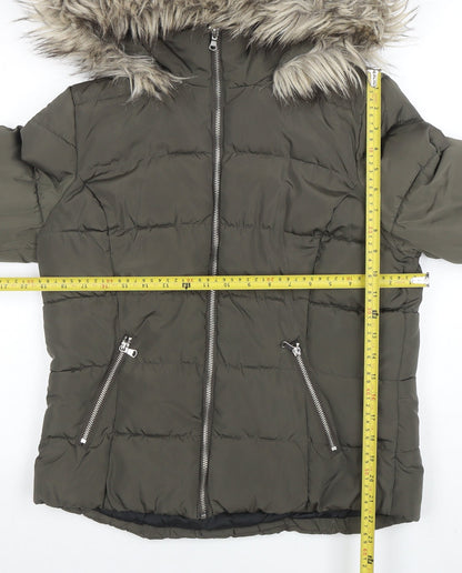 H&M Divided Women's Green 14 Puffer Jacket Faux Fur Hooded Winter Coat