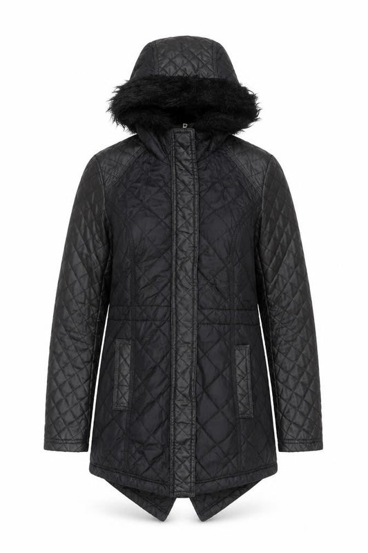 South Women’s Black Quilted Hooded Jacket UK 8 Faux Fur Trim