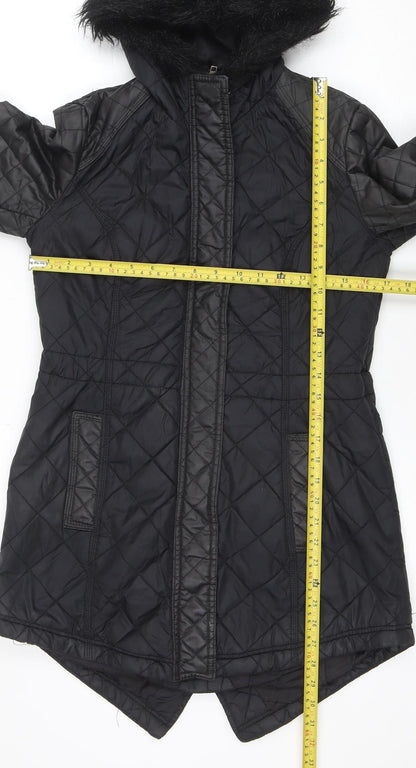 South Women’s Black Quilted Hooded Jacket UK 8 Faux Fur Trim