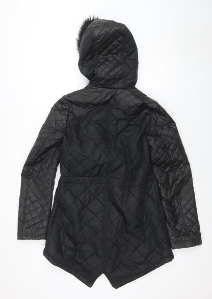 South Women’s Black Quilted Hooded Jacket UK 8 Faux Fur Trim