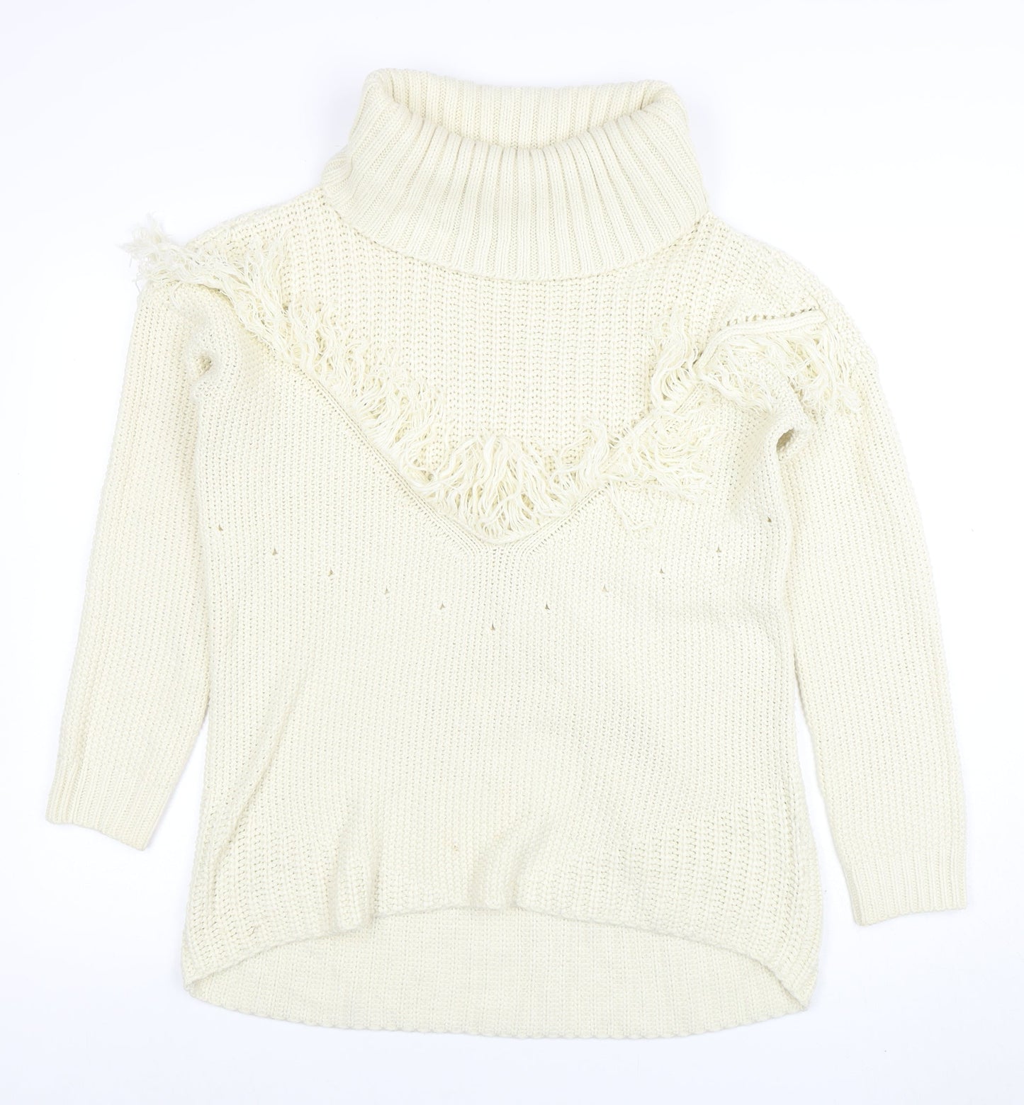 Missguided Women’s Ivory Roll Neck Chunky Knit Fringe Jumper Size 10