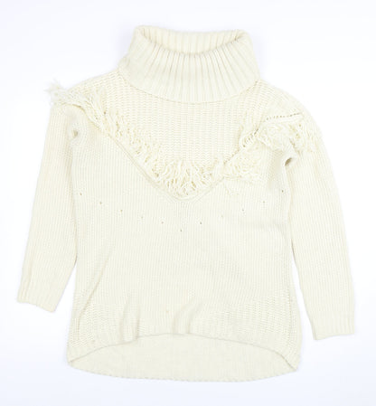 Missguided Women’s Ivory Roll Neck Chunky Knit Fringe Jumper Size 10