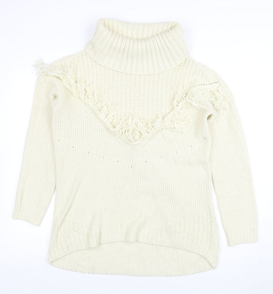 Missguided Women’s Ivory Roll Neck Chunky Knit Fringe Jumper Size 10