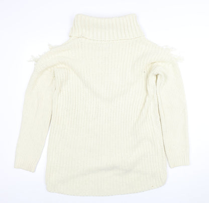Missguided Women’s Ivory Roll Neck Chunky Knit Fringe Jumper Size 10