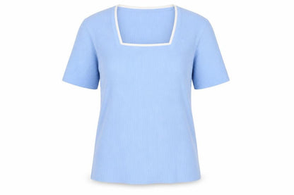 Daxon Womens Blue Short Sleeve Knit Square Neck Top Size 14/16