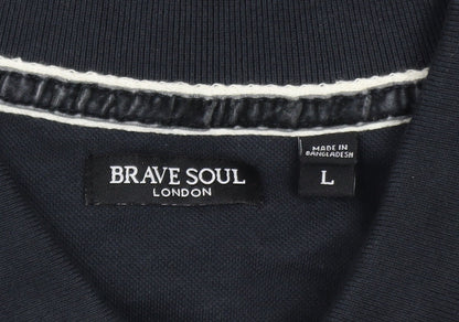 Brave Soul Men's Black Long Sleeve Cotton Polo Shirt Size L