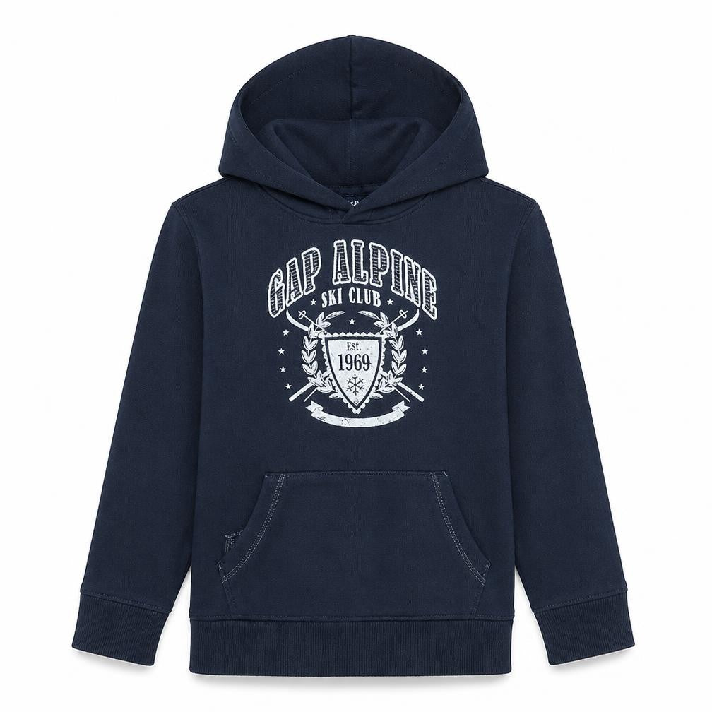 Front view of Gap boys’ blue pullover hoodie 13 years ski club fleece graphic hooded sweatshirt