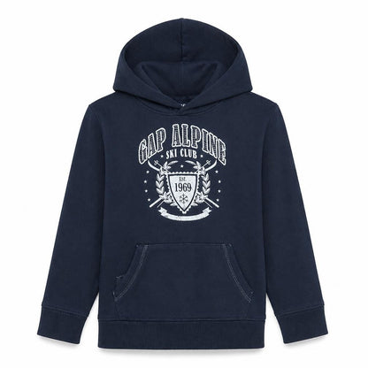 Front view of Gap boys’ blue pullover hoodie 13 years ski club fleece graphic hooded sweatshirt