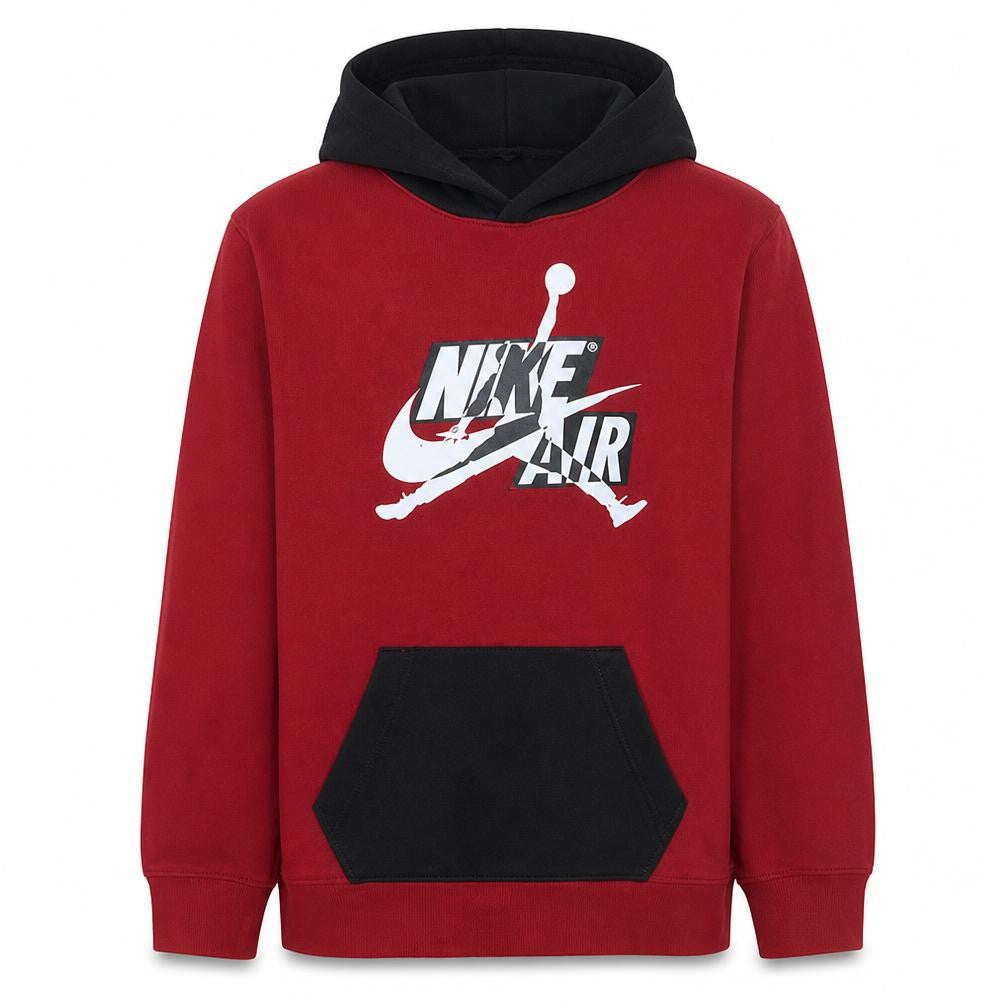 Front view of Nike Jordan boys’ red & black pullover hoodie l 158 bold graphic fleece