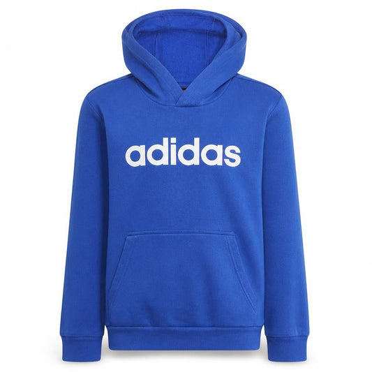 Front view of Adidas boys’ blue pullover hoodie, size 152, fleece logo hooded sweatshirt