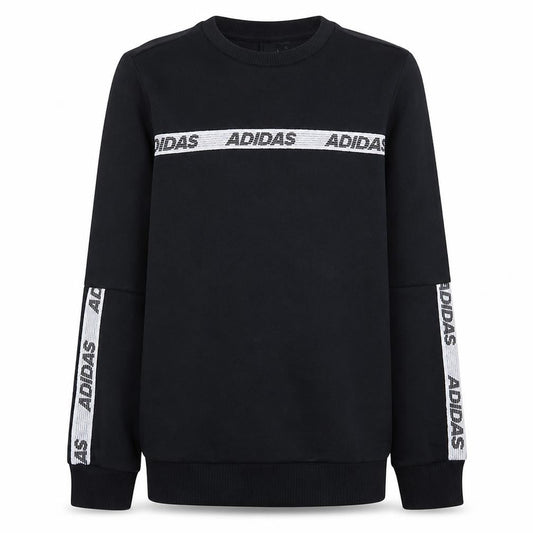 Front view of Adidas boys’ black crew neck logo pullover sweatshirt 11-12 years