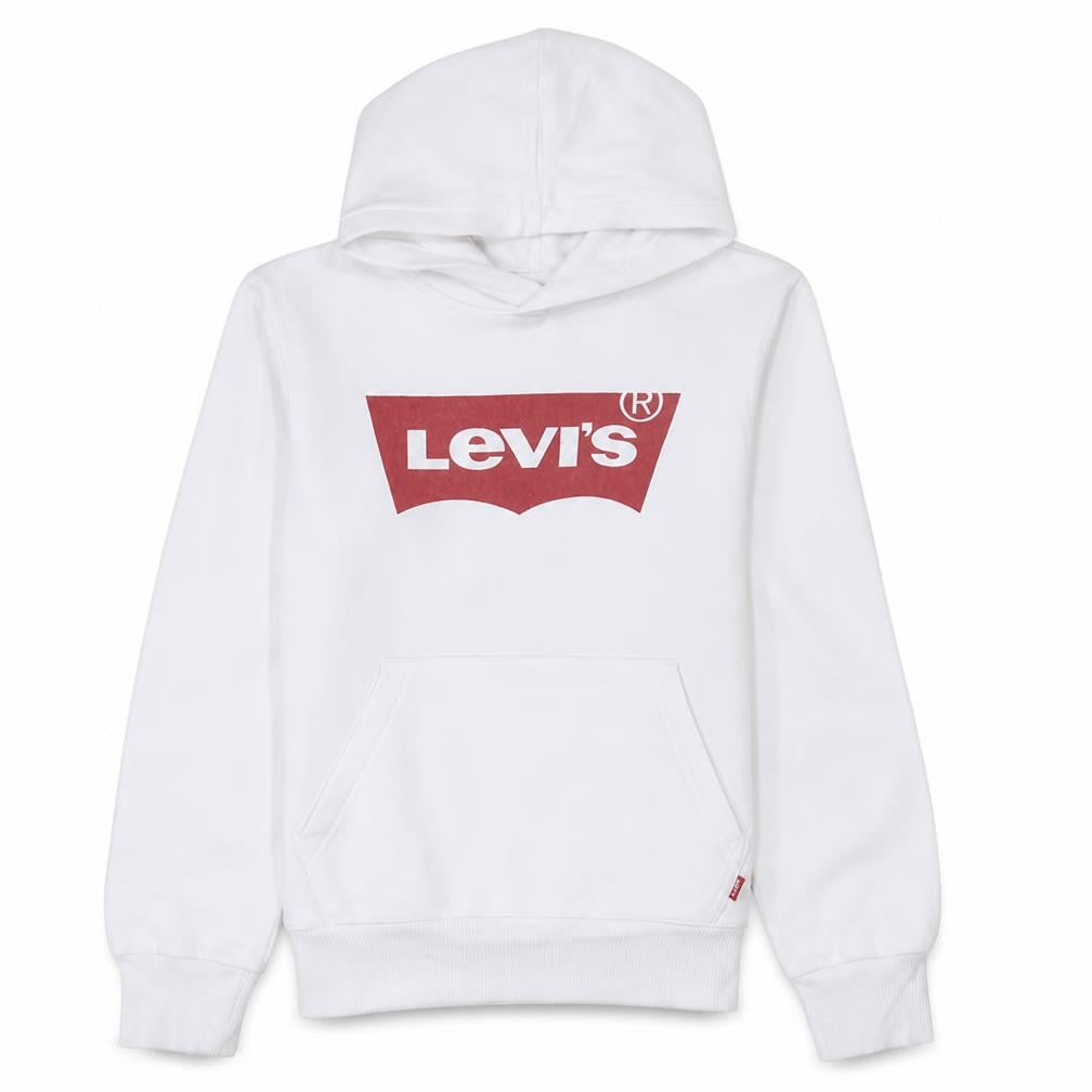 Front view of Levi's boys’ white pullover hoodie 12 years regular fit logo fleece sweatshirt