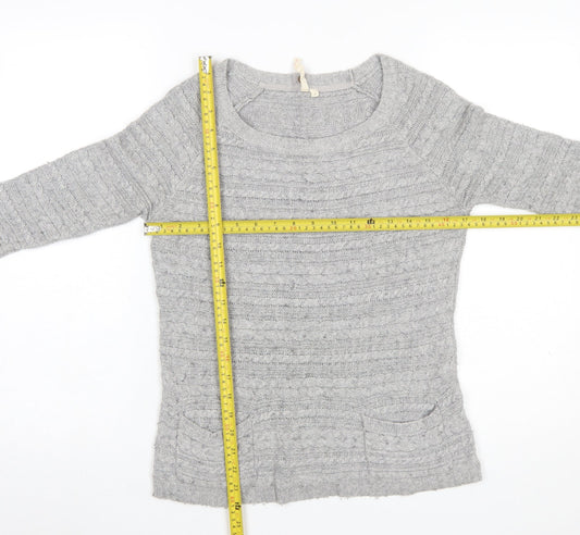 White Stuff Womens Grey Cable-Knit Jumper Size 8 Scoop Neck Pullover