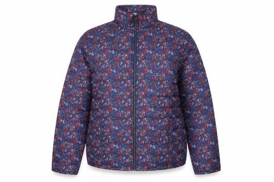 Front view of Anne De Lançay women’s blue floral puffer jacket m full zip quilted