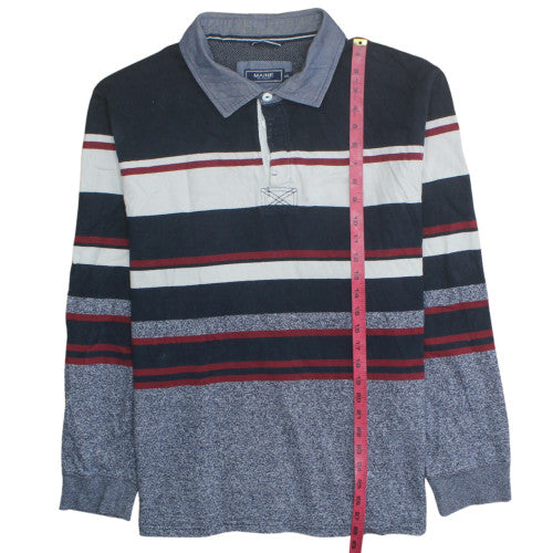Maine New England Men's Blue Striped Long Sleeve Polo Shirt 2XL
