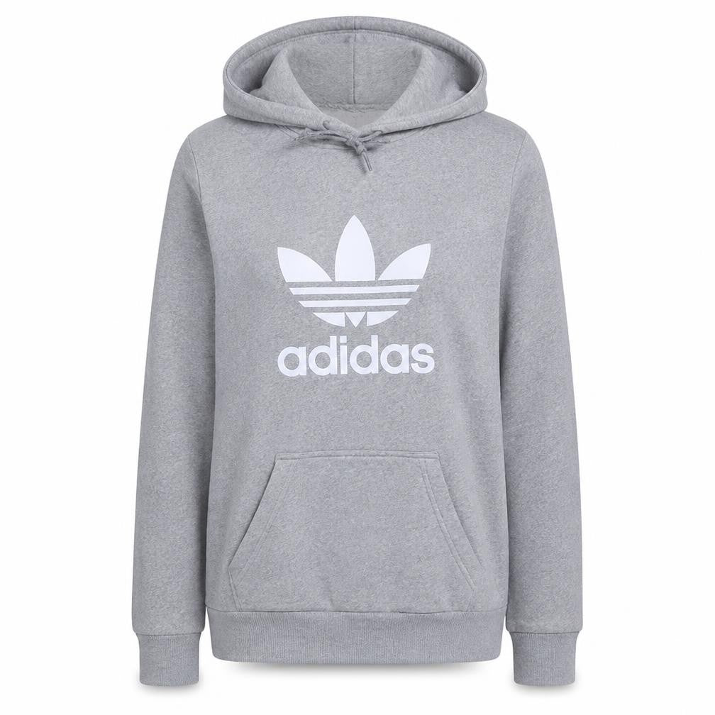 Front view of Adidas Women’s Grey Pullover Hoodie, size S, Logo Print Casual Wear