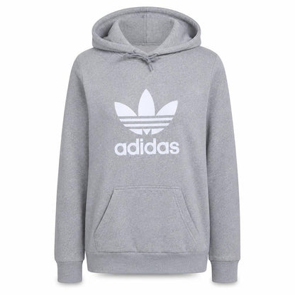 Front view of Adidas Women’s Grey Pullover Hoodie, size S, Logo Print Casual Wear