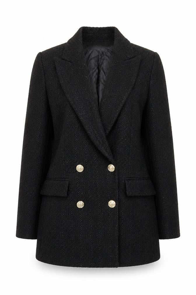 Zara Women Black Tweed Double-Breasted Blazer XS