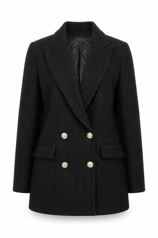 Zara Women Black Tweed Double-Breasted Blazer XS