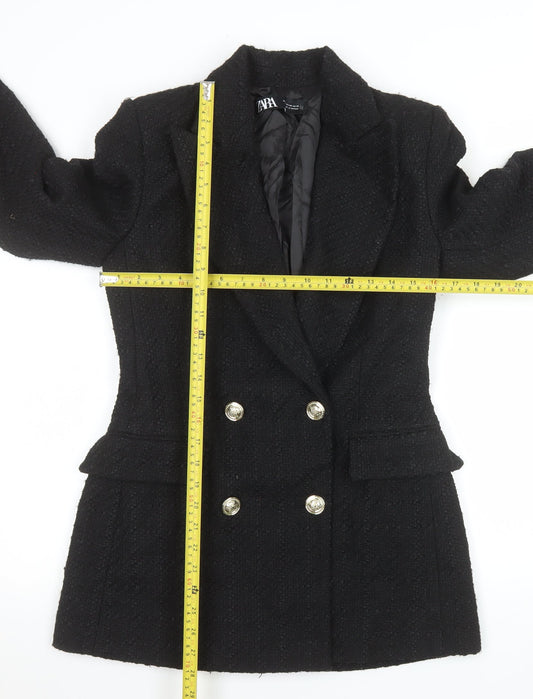 Zara Women Black Tweed Double-Breasted Blazer XS