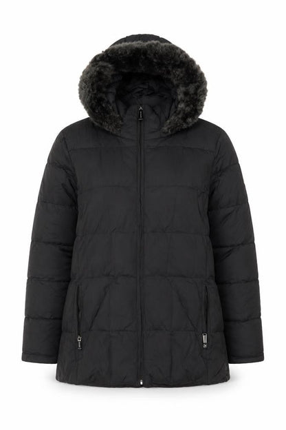 Calvin Klein Womens Black L Puffer Jacket Hooded Faux Fur Trim Winter Coat