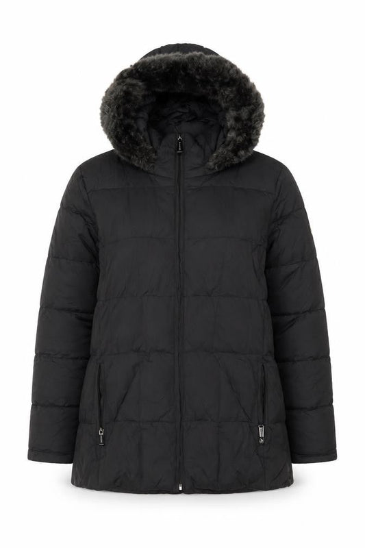 Calvin Klein Womens Black L Puffer Jacket Hooded Faux Fur Trim Winter Coat
