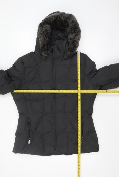 Calvin Klein Womens Black L Puffer Jacket Hooded Faux Fur Trim Winter Coat