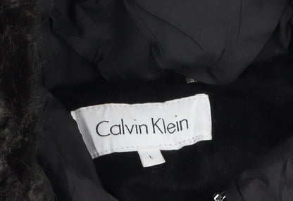 Calvin Klein Womens Black L Puffer Jacket Hooded Faux Fur Trim Winter Coat